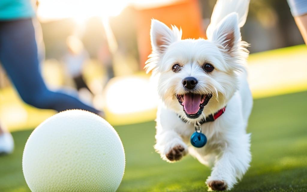 Perro pequeño y blanco jugando